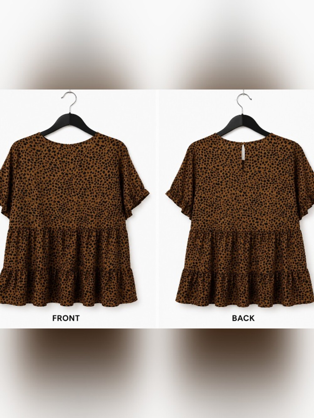 Cheetah Print Ruffle-Hem Blouse in Brown Short Sleeve Size XL